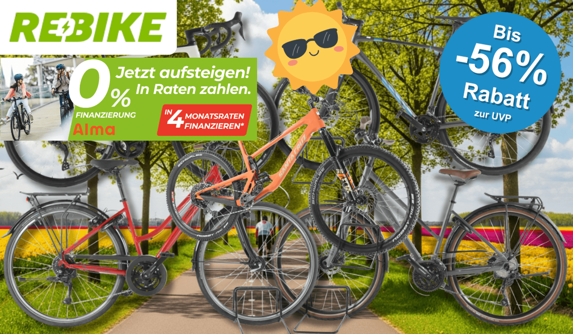 4 verschiedene Fahrräder vor einem Radweg im Frühling.
