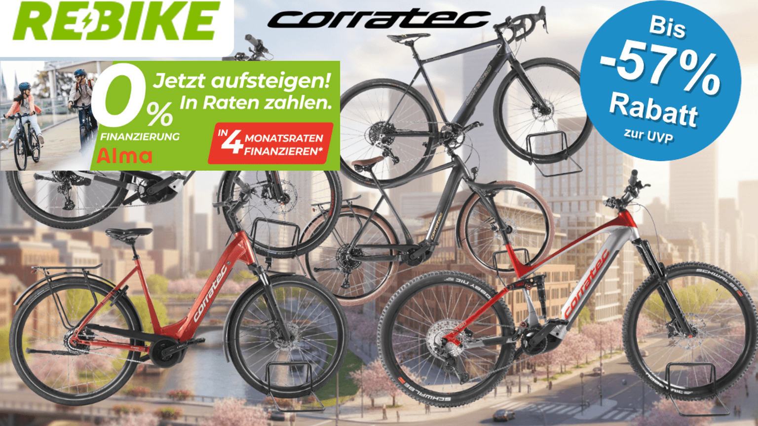 Collage mehrerer Corratec E-Bikes vor einem verschwommenen Stadtpanorama mit blühenden Kirschbäumen. Zu sehen sind fünf Fahrräder in den Farben Weiß, Rot und Dunkelgrau – darunter City- und Trekkingräder sowie ein Fully-Mountainbike. Links oben die Logos von Rebike und Corratec, rechts oben ein blauer Button mit der Aufschrift „Bis -57% Rabatt zur UVP".