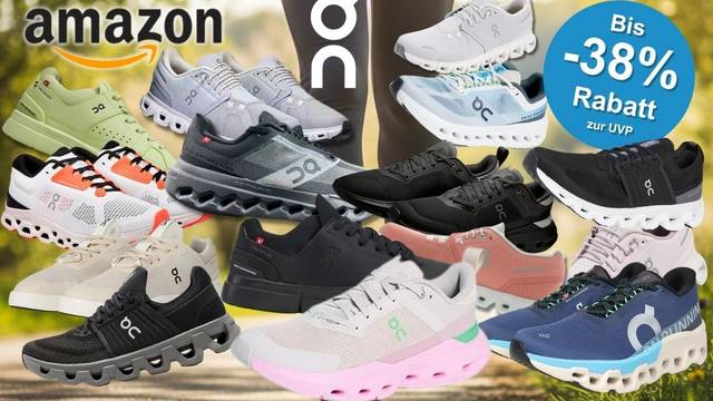 Collage verschiedener On Running Sneaker und Laufschuhe in mehreren Farben (Schwarz, Weiß, Grau, Grün, Rosa, Blau, Beige) vor einem natürlichen Gegenlicht-Hintergrund mit den Beinen einer Joggerin in der Mitte. Links oben das Amazon-Logo, in der Mitte oben das On-Running-Logo. Rechts oben blauer Button mit der Aufschrift „Bis -38 % Rabatt zur UVP".