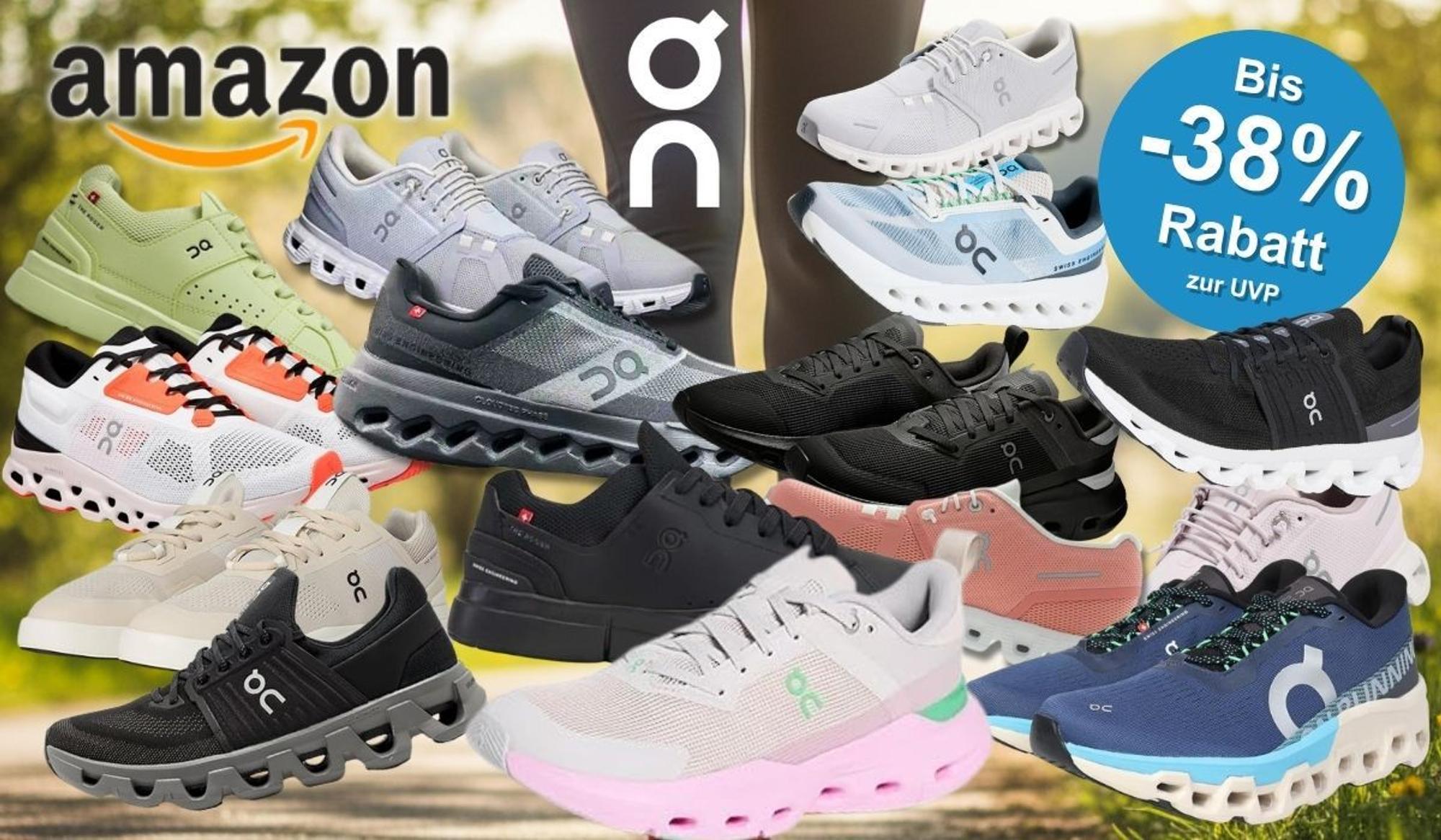 Collage verschiedener On Running Sneaker und Laufschuhe in mehreren Farben (Schwarz, Weiß, Grau, Grün, Rosa, Blau, Beige) vor einem natürlichen Gegenlicht-Hintergrund mit den Beinen einer Joggerin in der Mitte. Links oben das Amazon-Logo, in der Mitte oben das On-Running-Logo. Rechts oben blauer Button mit der Aufschrift „Bis -38 % Rabatt zur UVP".