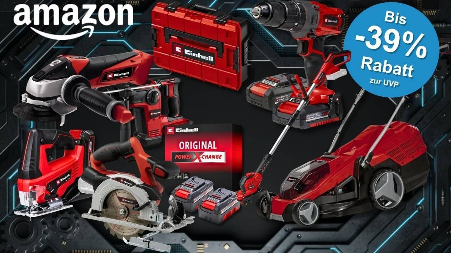 Collage verschiedener roter Einhell Werkzeuge und Gartengeräte (Winkelschleifer, Bohrhammer, Akkubohrer, Stichsäge, Kreissäge, Rasenmäher, Rasentrimmer sowie ein Power X-Change Akkupaket mit Ladegerät und ein roter Einhell Werkzeugkoffer) vor einem dunklen technischen Hintergrund mit blauen Neonlicht-Akzenten. Links oben das Amazon-Logo. Rechts oben blauer Button mit der Aufschrift „Bis -39 % Rabatt zur UVP".