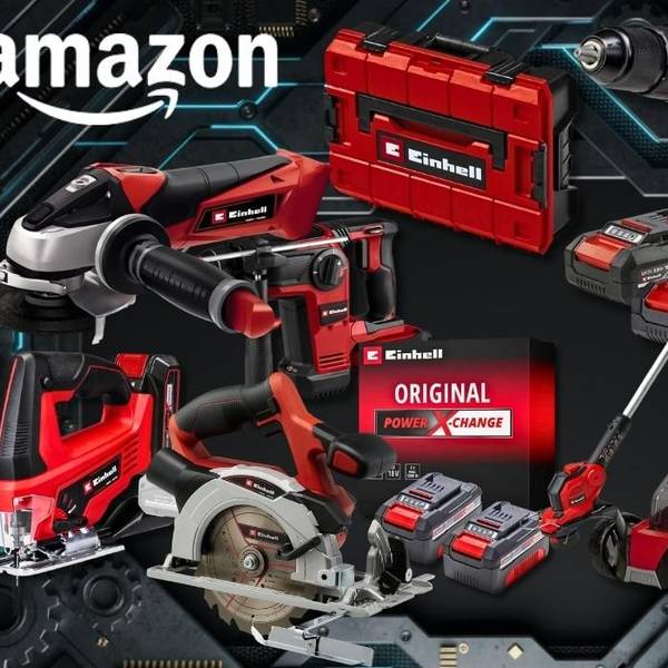 Collage verschiedener roter Einhell Werkzeuge und Gartengeräte (Winkelschleifer, Bohrhammer, Akkubohrer, Stichsäge, Kreissäge, Rasenmäher, Rasentrimmer sowie ein Power X-Change Akkupaket mit Ladegerät und ein roter Einhell Werkzeugkoffer) vor einem dunklen technischen Hintergrund mit blauen Neonlicht-Akzenten. Links oben das Amazon-Logo. Rechts oben blauer Button mit der Aufschrift „Bis -39 % Rabatt zur UVP".