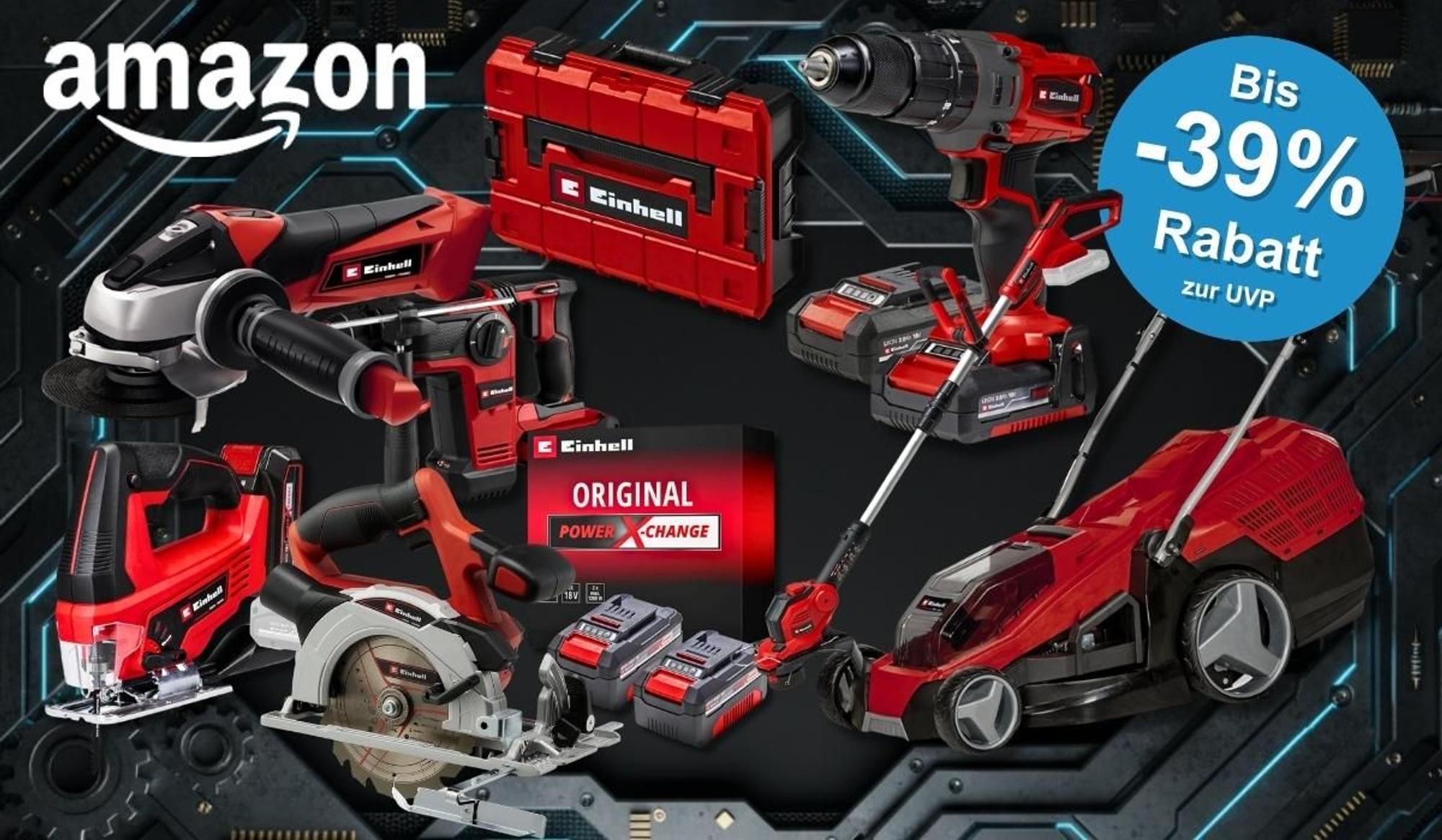 Collage verschiedener roter Einhell Werkzeuge und Gartengeräte (Winkelschleifer, Bohrhammer, Akkubohrer, Stichsäge, Kreissäge, Rasenmäher, Rasentrimmer sowie ein Power X-Change Akkupaket mit Ladegerät und ein roter Einhell Werkzeugkoffer) vor einem dunklen technischen Hintergrund mit blauen Neonlicht-Akzenten. Links oben das Amazon-Logo. Rechts oben blauer Button mit der Aufschrift „Bis -39 % Rabatt zur UVP".