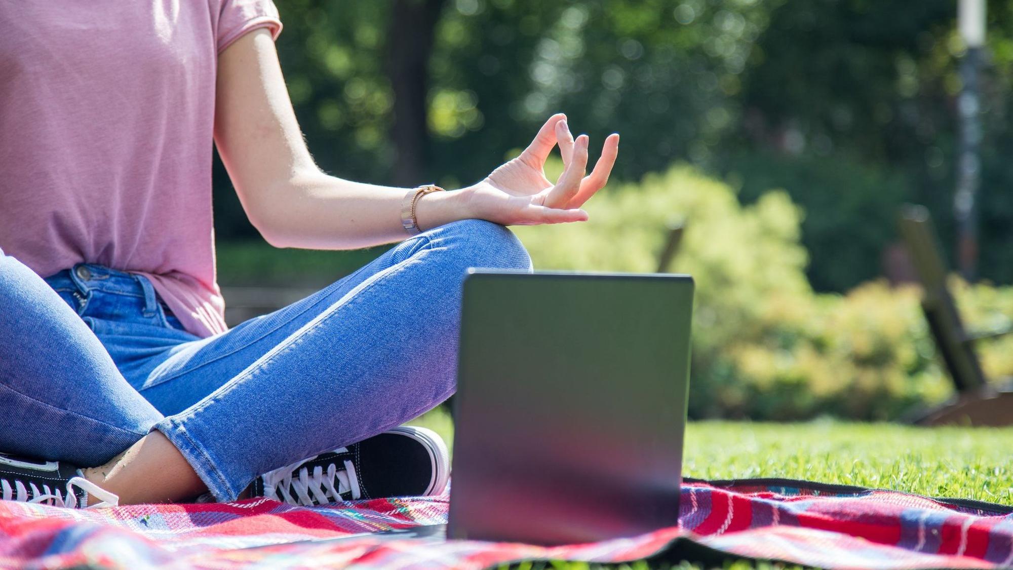 Junge Frau mit Laptop im Park