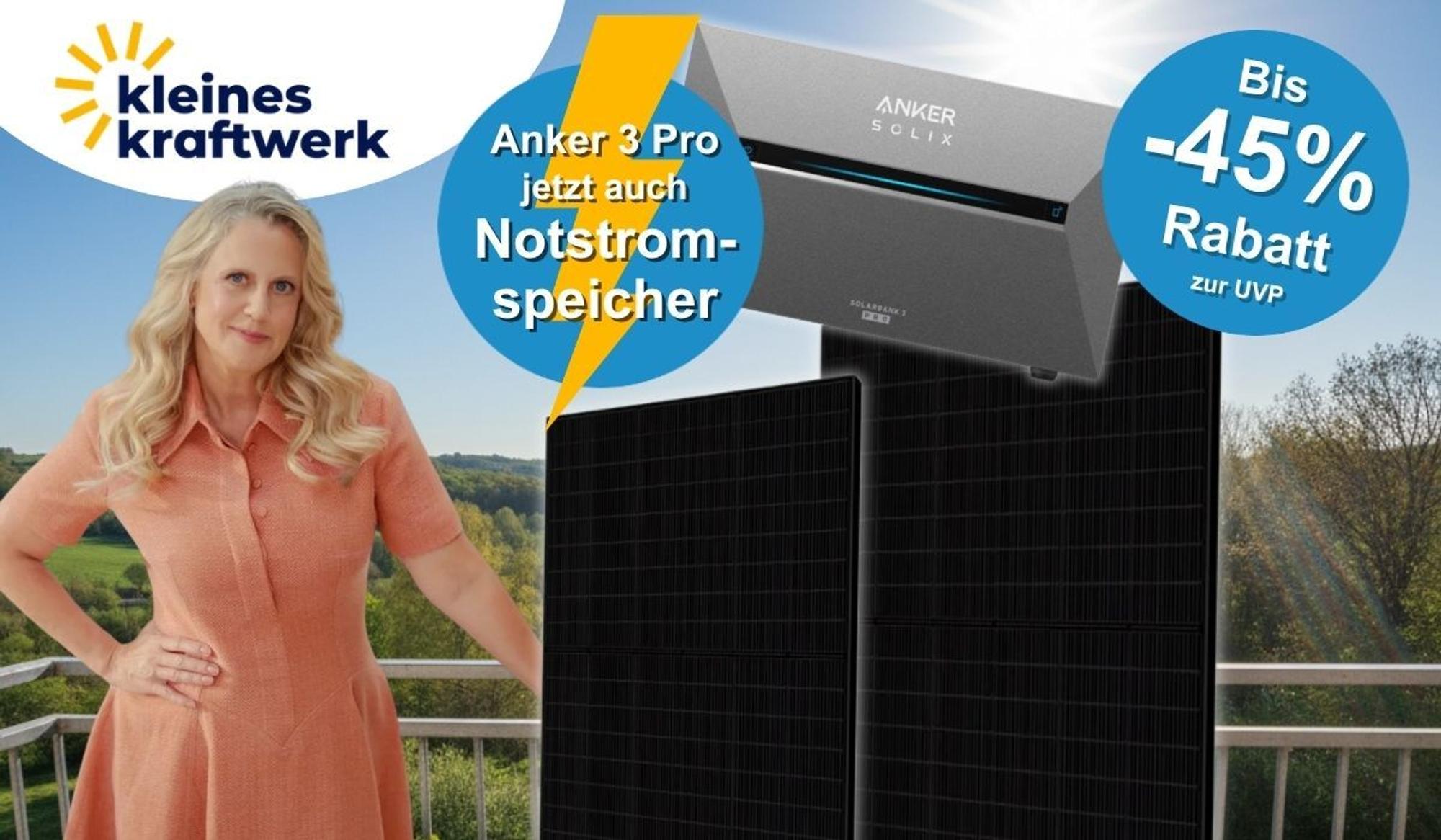 Kleines Kraftwerk Bildcollage für KStA.de: Barbara Schöneberger steht vor zwei schwarzen Solarpanelen und der Anker SOLIX Solarbank 3 Pro vor einer Frühlingslandschaft. Text im Bild: „Anker 3 Pro jetzt auch Notstromspeicher" und „Bis -45% Rabatt zur UVP".