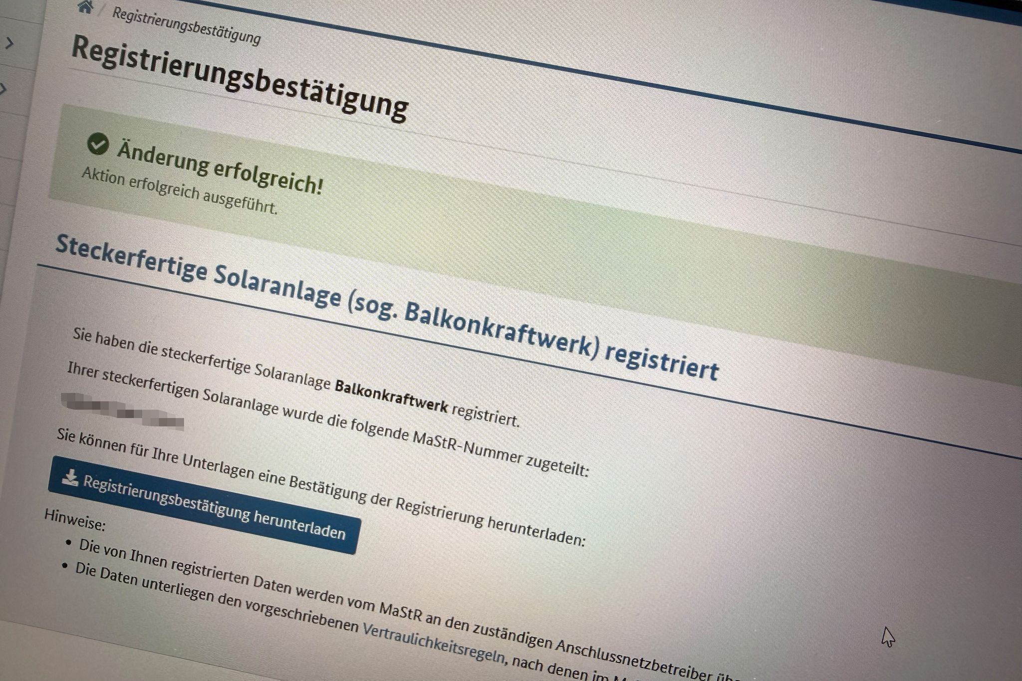 Registrierungsbestätigung eines Balkonkraftwerks