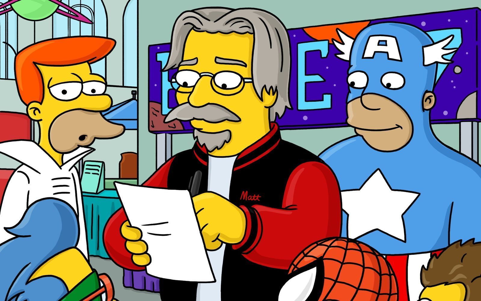 Wie „Simpsons“-Schöpfer Matt Groening, hier als gelbe Figur in seiner Serie, verriet, heißen sowohl sein Vater als auch sein älterer Sohn Homer.  (Bild: Fox)