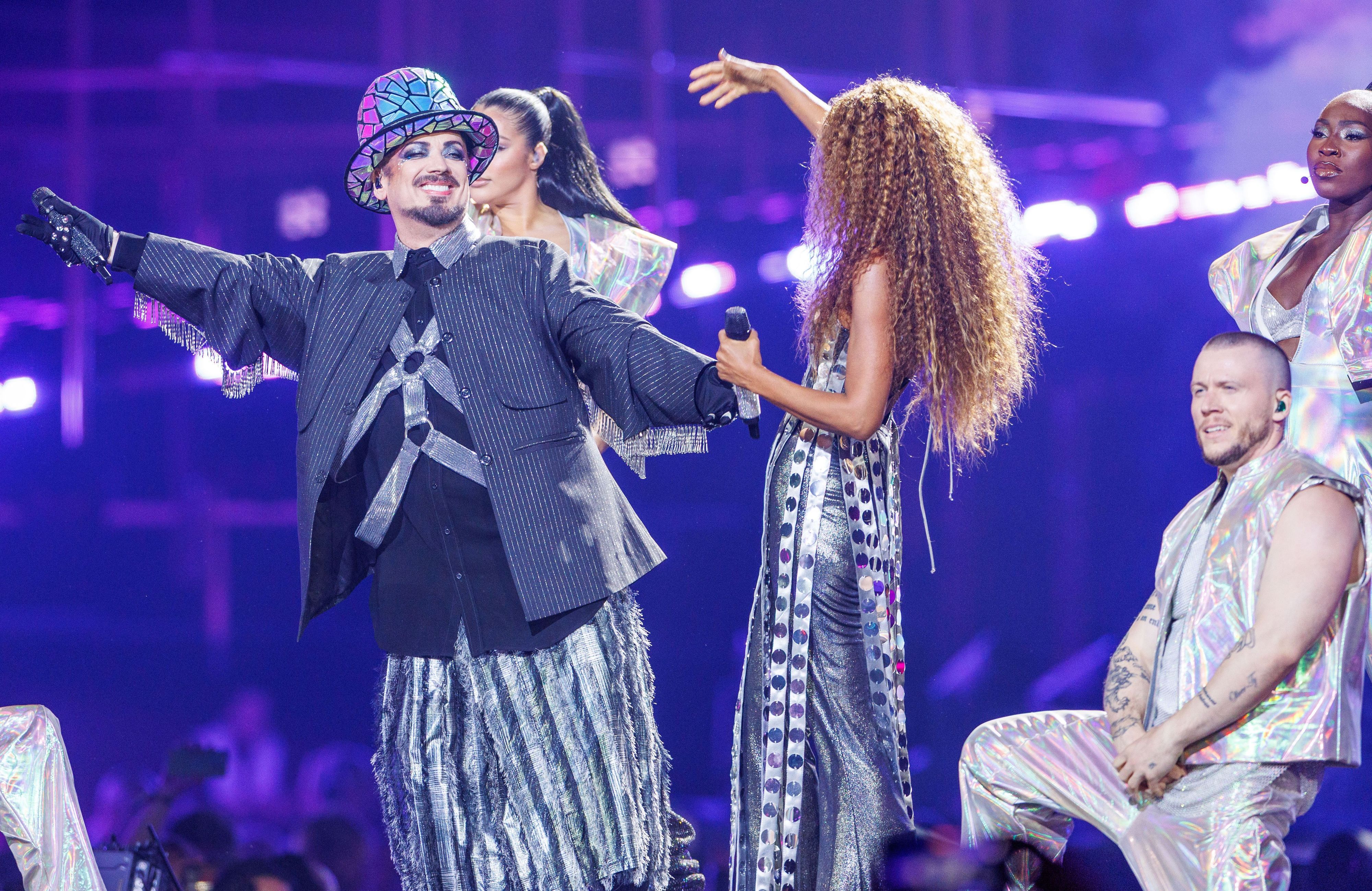 Senhit feat. Boy George aus San Marino mit dem Titel „Superstar“ stehen auf der Bühne des 70. Eurovision Song Contest (ESC) bei den Proben für das erste Halbfinale am 12.05.2026 in der Stadthalle.