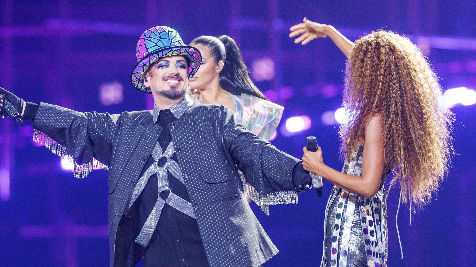 Senhit feat. Boy George aus San Marino mit dem Titel „Superstar“ stehen auf der Bühne des 70. Eurovision Song Contest (ESC) bei den Proben für das erste Halbfinale am 12.05.2026 in der Stadthalle.