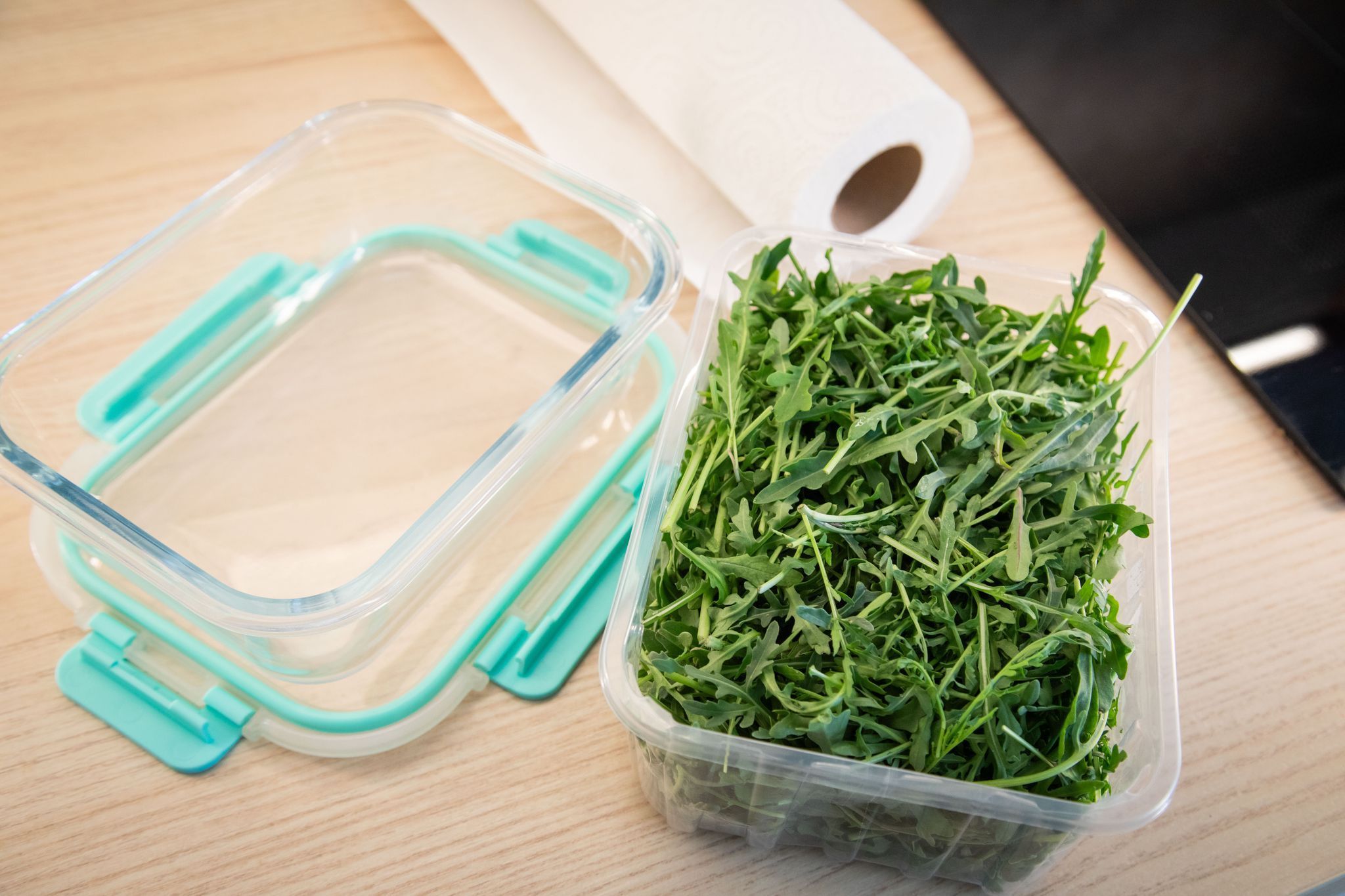 Rucola liegt in einer Frischhaltedose