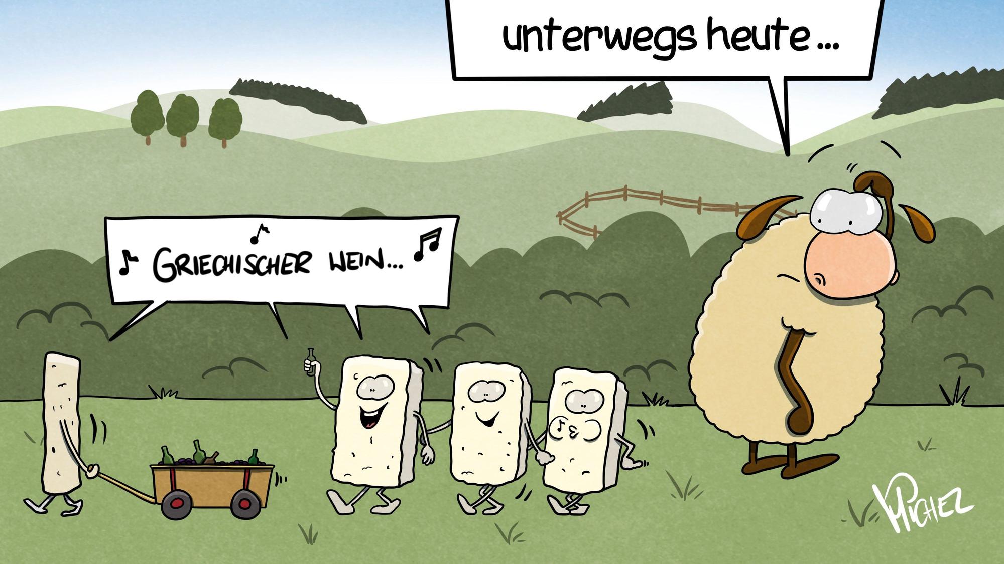 Mehrere Feta-Käse laufen mit Bollerwagen singend über eine Wiese. Ein Schaf fragt sich: „Ganz schön viele Feta unterwegs heute...“ Oben in der Ecke steht: „Neulich an Christi Himmelfahrt“.