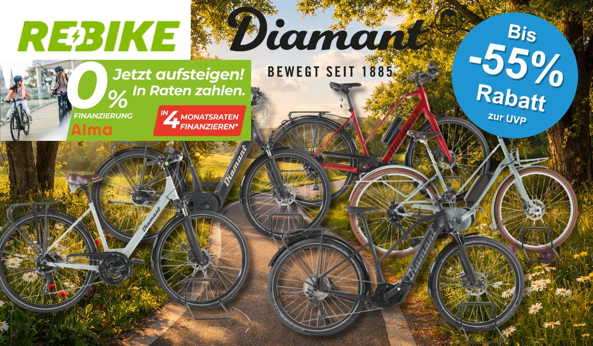 5 Diamant Fahrräder vor einem Fahrradweg abgebildet.