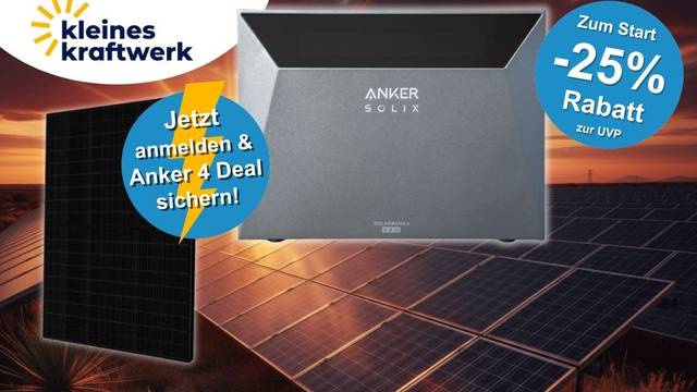 Anker SOLIX Solarbank 4 Pro Solarspeicher neben einem Solarmodul vor einem dramatischen Sonnenuntergang über einem Solarfeld, Logo von Kleines Kraftwerk, Hinweis auf 25 Prozent Launch-Rabatt zur UVP sowie Aufforderung zur Newsletter-Anmeldung für den Anker 4 Deal.
