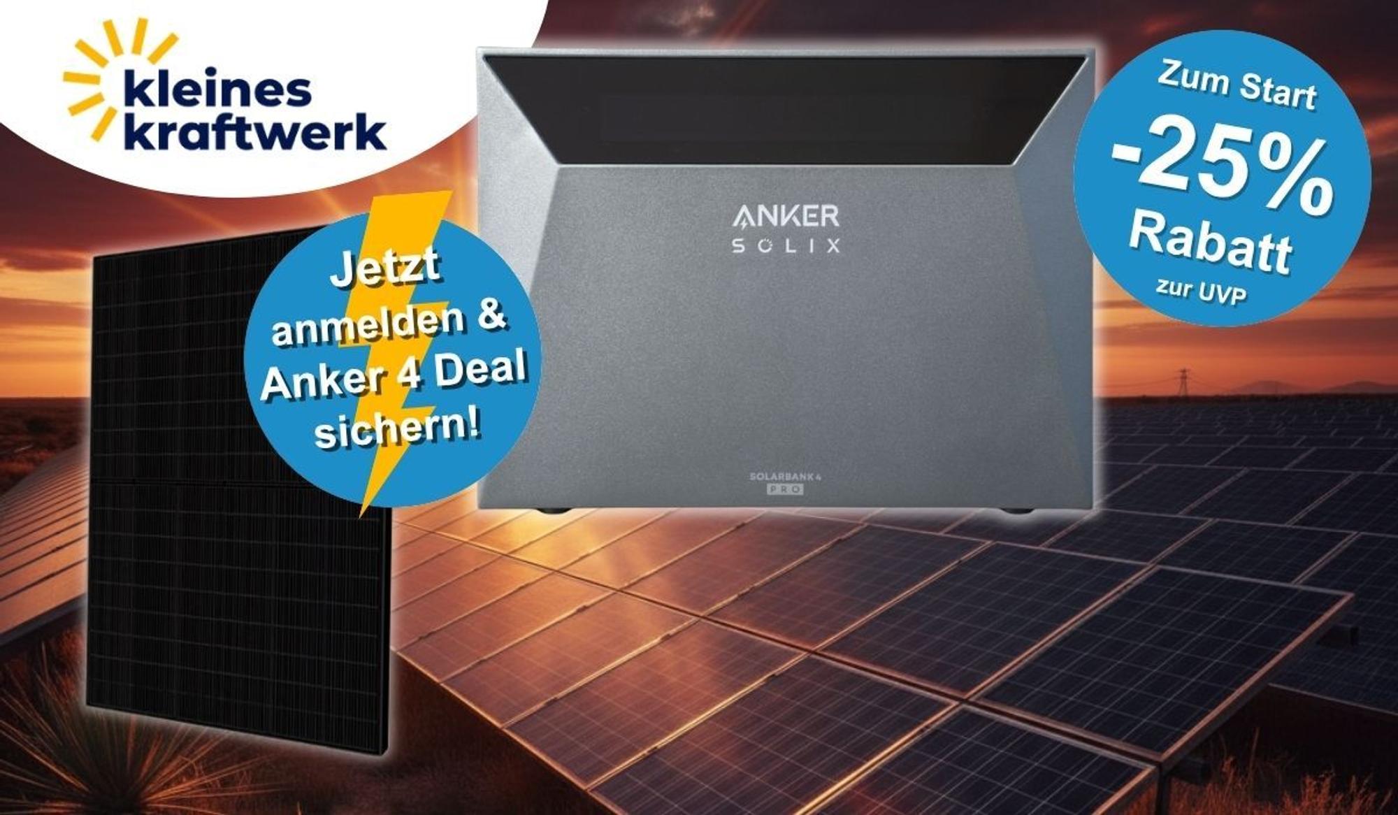 Anker SOLIX Solarbank 4 Pro Solarspeicher neben einem Solarmodul vor einem dramatischen Sonnenuntergang über einem Solarfeld, Logo von Kleines Kraftwerk, Hinweis auf 25 Prozent Launch-Rabatt zur UVP sowie Aufforderung zur Newsletter-Anmeldung für den Anker 4 Deal.