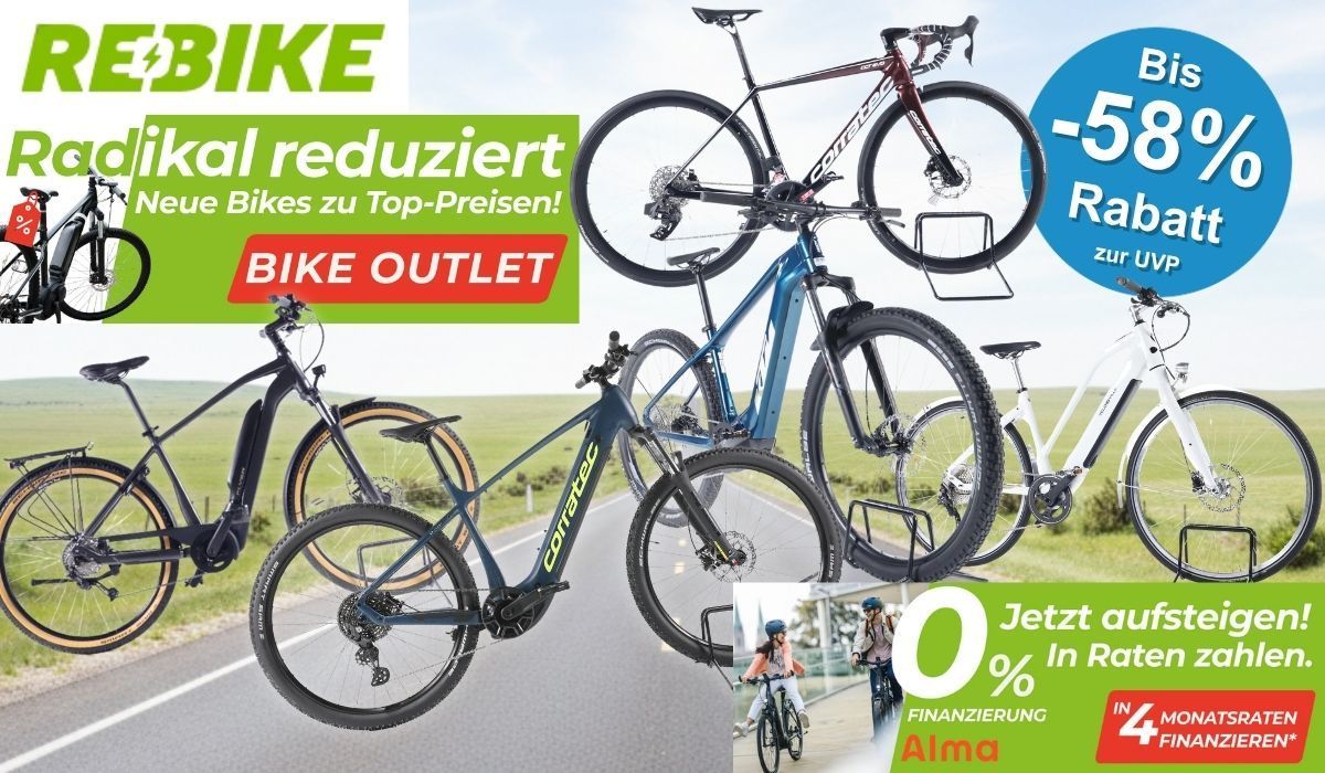 Bildcollage zum Rebike Bike Outlets mit mehreren fabrikneuen E-Bikes und Fahrrädern der Marke Corratec, darunter ein E-Mountainbike, ein Trekking-E-Bike und ein Gravelbike, mit dem Hinweis auf bis zu 58 Prozent Rabatt zur UVP und 0-Prozent-Finanzierung beim Kauf.