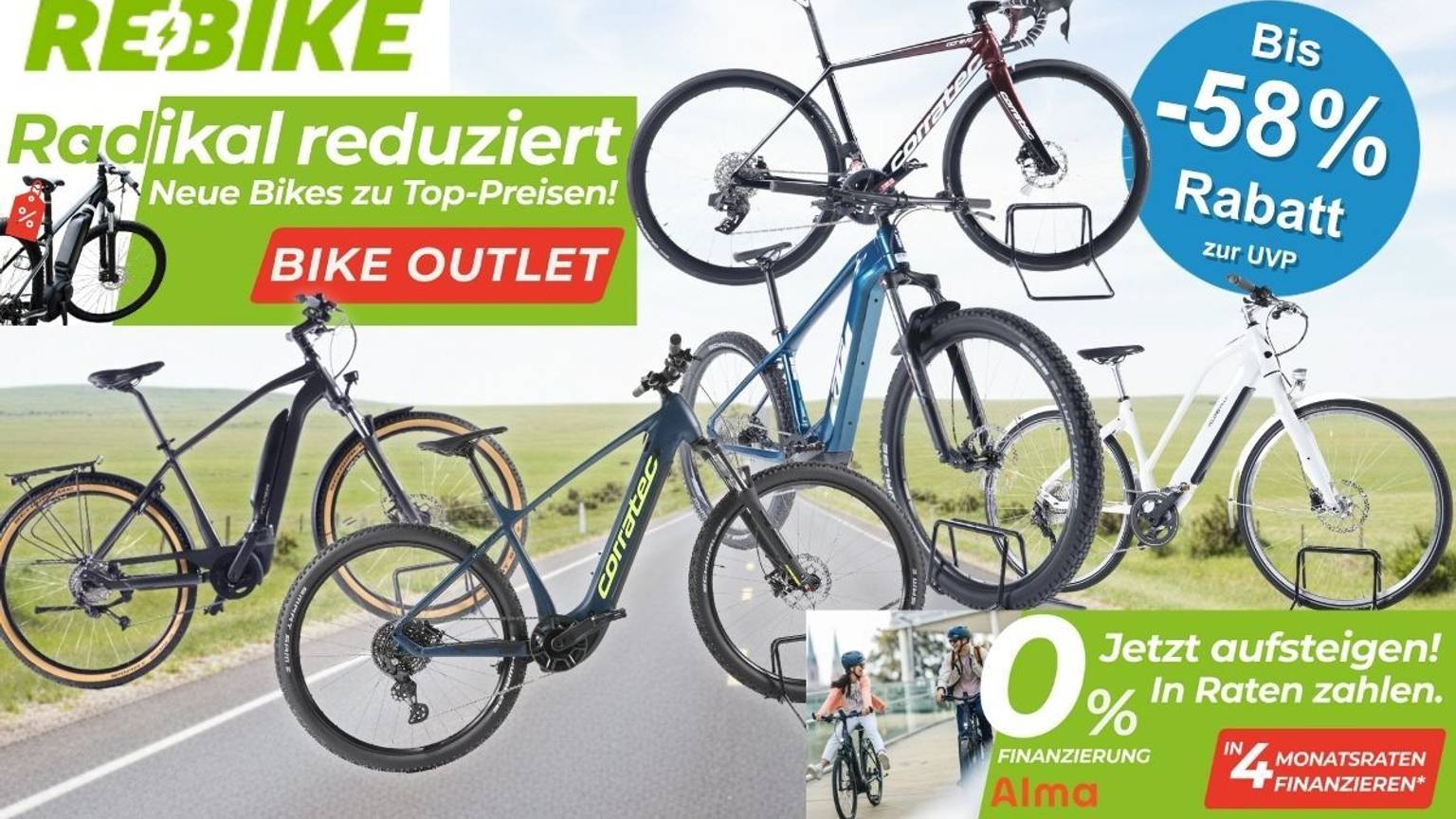Bildcollage zum Rebike Bike Outlets mit mehreren fabrikneuen E-Bikes und Fahrrädern der Marke Corratec, darunter ein E-Mountainbike, ein Trekking-E-Bike und ein Gravelbike, mit dem Hinweis auf bis zu 58 Prozent Rabatt zur UVP und 0-Prozent-Finanzierung beim Kauf.