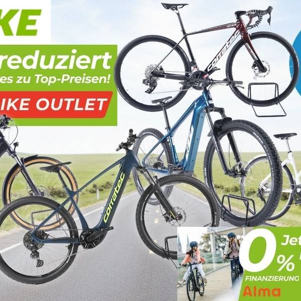 Bildcollage zum Rebike Bike Outlets mit mehreren fabrikneuen E-Bikes und Fahrrädern der Marke Corratec, darunter ein E-Mountainbike, ein Trekking-E-Bike und ein Gravelbike, mit dem Hinweis auf bis zu 58 Prozent Rabatt zur UVP und 0-Prozent-Finanzierung beim Kauf.