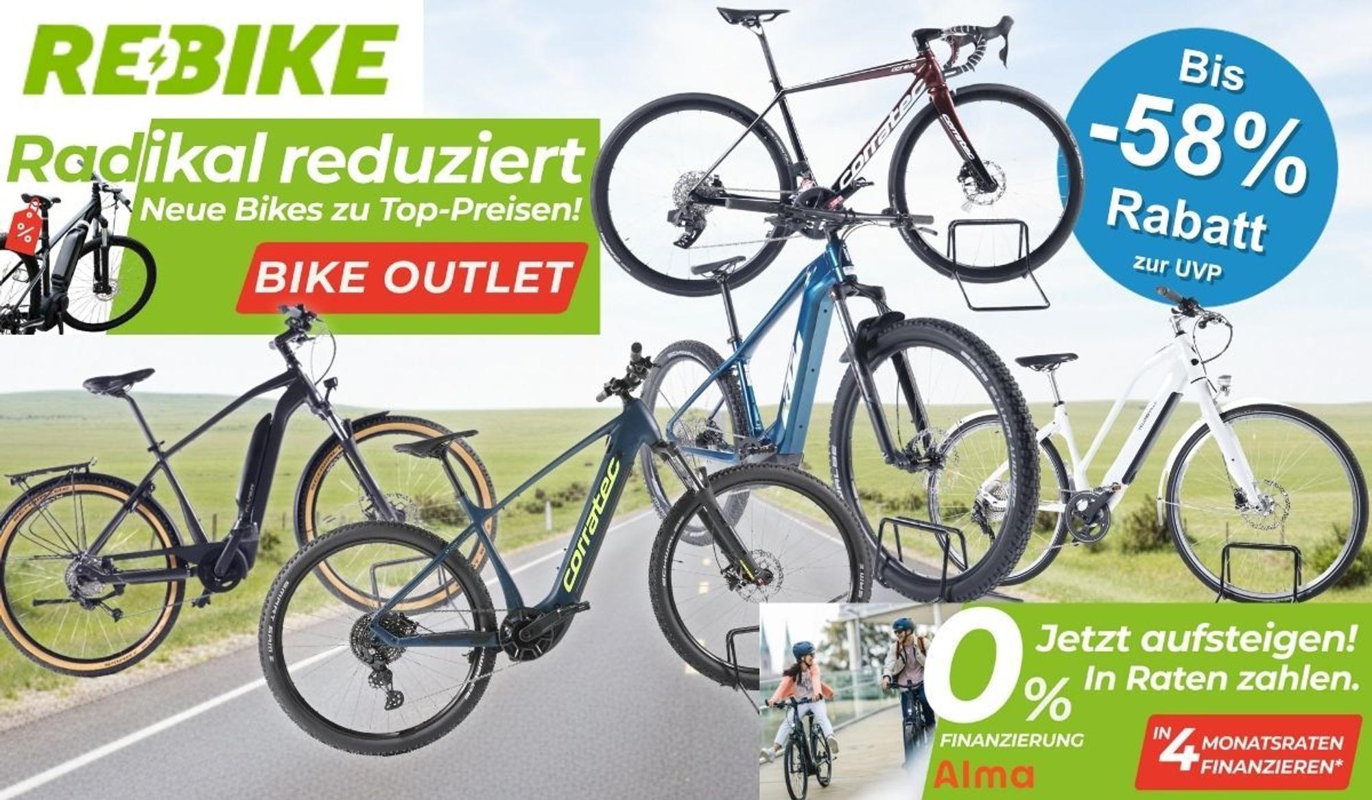 Bildcollage zum Rebike Bike Outlets mit mehreren fabrikneuen E-Bikes und Fahrrädern der Marke Corratec, darunter ein E-Mountainbike, ein Trekking-E-Bike und ein Gravelbike, mit dem Hinweis auf bis zu 58 Prozent Rabatt zur UVP und 0-Prozent-Finanzierung beim Kauf.