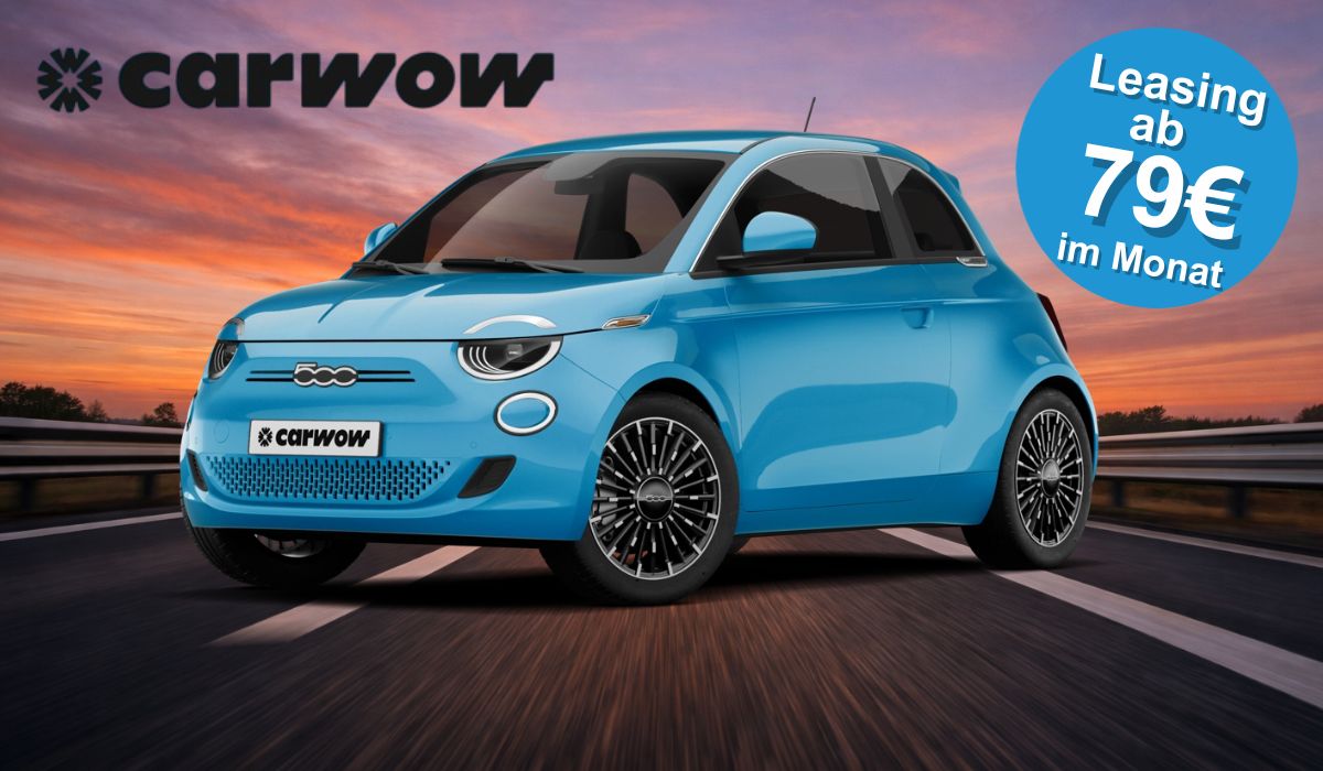 Ein blauer Fiat 500 vor einer Autobahnstraße abgebildet.