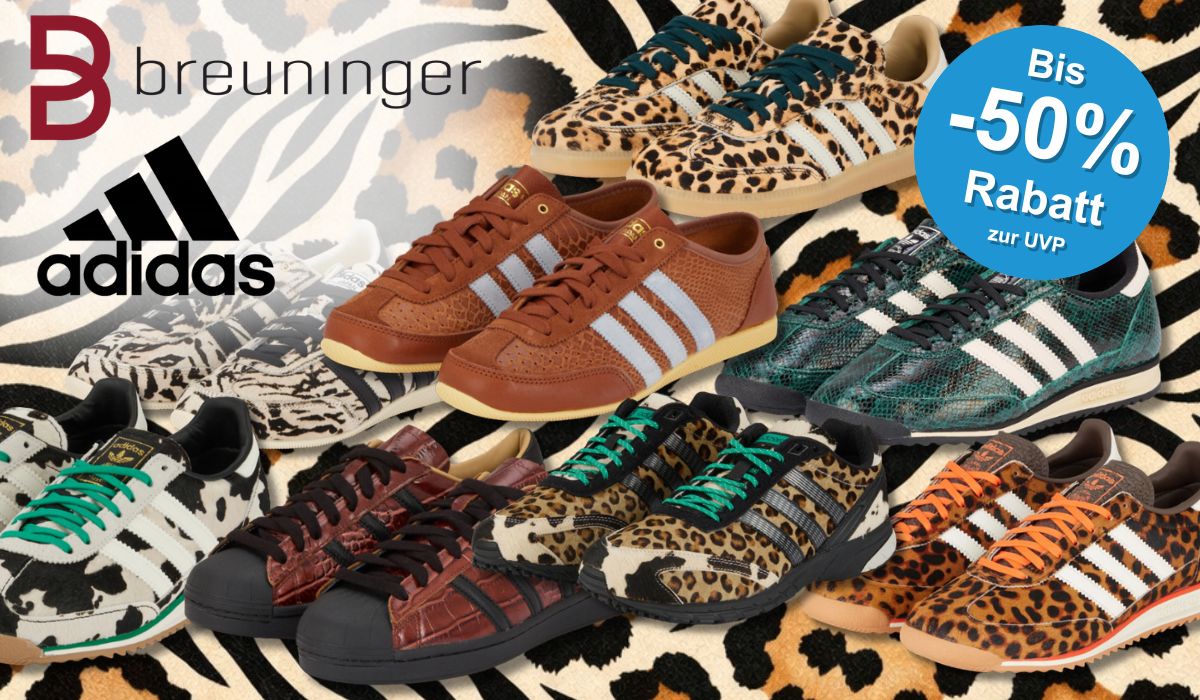 Eine Darstellung von verschiedenen Animal Print Sneakern vor einem Animal Print Hintergrund.
