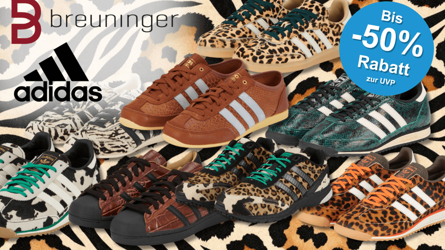 Eine Darstellung von verschiedenen Animal Print Sneakern vor einem Animal Print Hintergrund.