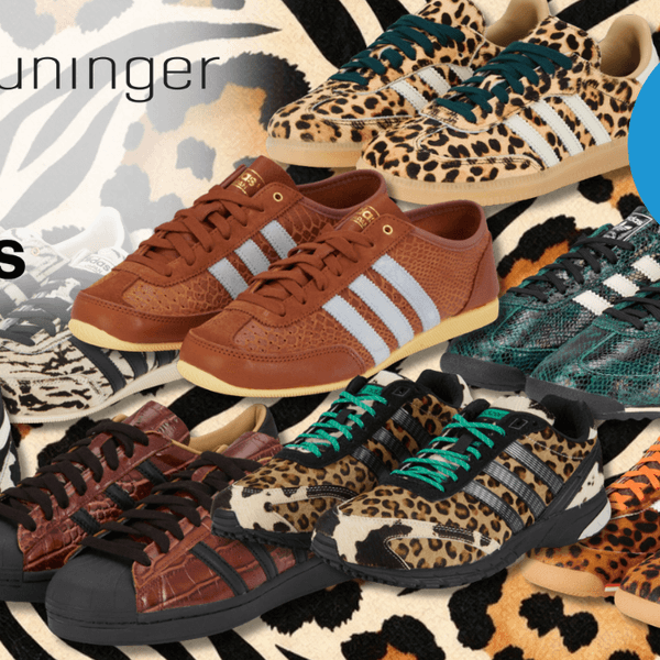 Eine Darstellung von verschiedenen Animal Print Sneakern vor einem Animal Print Hintergrund.