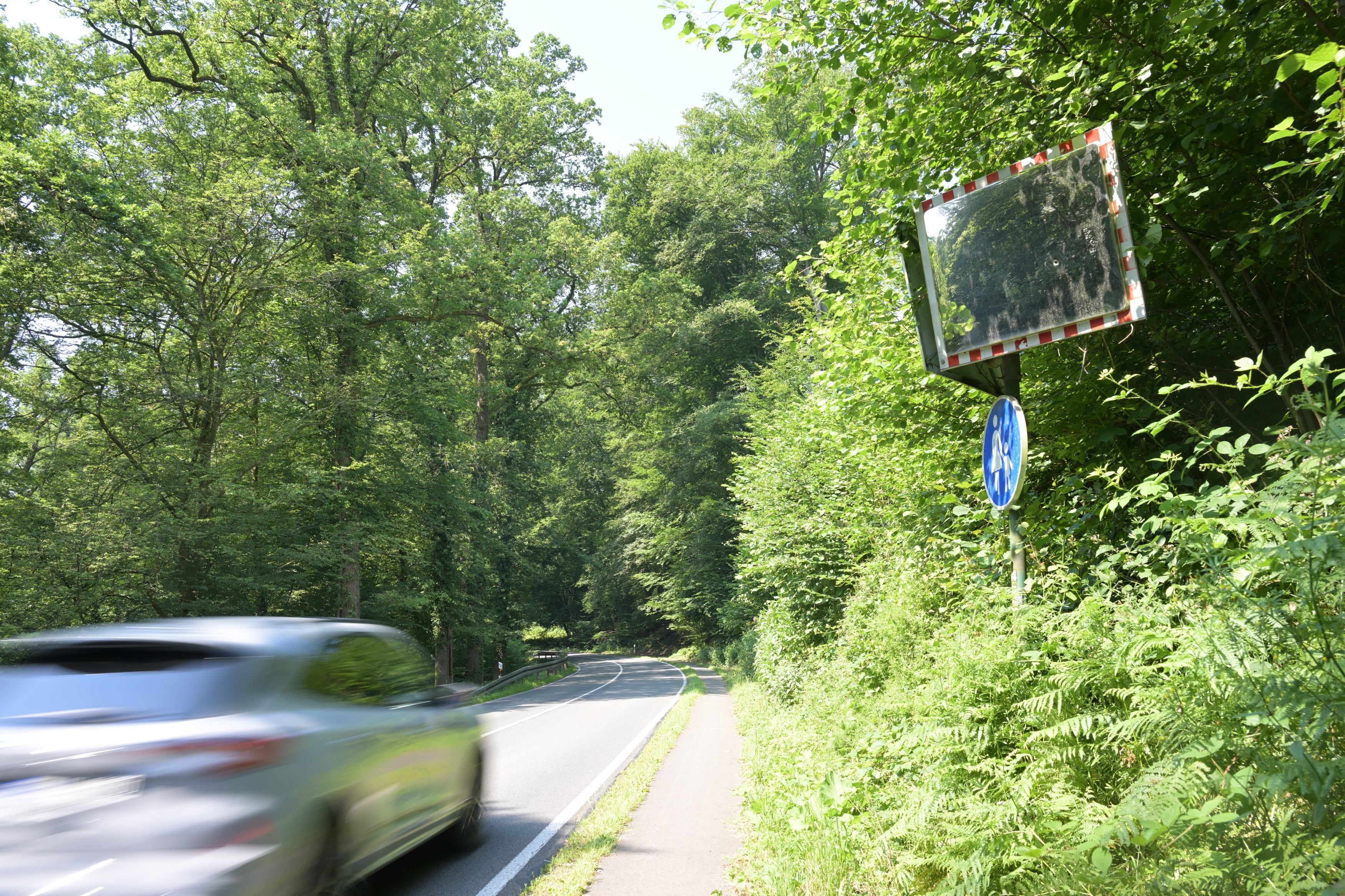 Ein Auto auf einer engen, unübersichtlichen Landstraße.