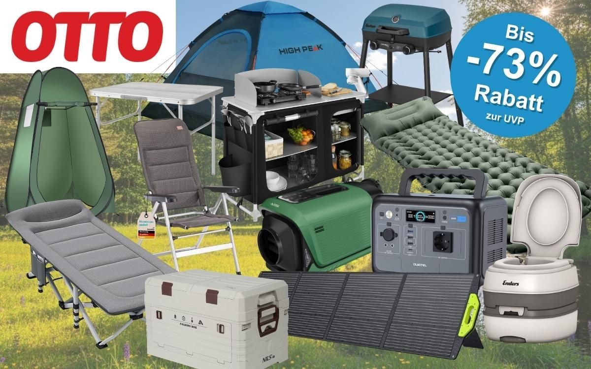 Produktcollage zum OTTO Camping-Sale mit blauem Rabatt-Button „Bis -73% zur UVP" und OTTO-Logo. Zu sehen sind verschiedene Camping-Produkte, darunter ein High Peak Kuppelzelt, ein faltbarer Campingstuhl, ein Klapptisch, eine mobile Campingküche, ein Gasgrill, eine selbstaufblasbare Isomatte, ein Feldbett, eine Camping-Klimaanlage, eine Powerstation von OUKITEL, ein faltbares Solarpanel, eine Kühlbox von NILS sowie eine portable Toilette von Enders – alles vor einem sommerlichen Waldwiesen-Hintergrund.