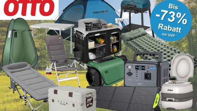 Produktcollage zum OTTO Camping-Sale mit blauem Rabatt-Button „Bis -73% zur UVP" und OTTO-Logo. Zu sehen sind verschiedene Camping-Produkte, darunter ein High Peak Kuppelzelt, ein faltbarer Campingstuhl, ein Klapptisch, eine mobile Campingküche, ein Gasgrill, eine selbstaufblasbare Isomatte, ein Feldbett, eine Camping-Klimaanlage, eine Powerstation von OUKITEL, ein faltbares Solarpanel, eine Kühlbox von NILS sowie eine portable Toilette von Enders – alles vor einem sommerlichen Waldwiesen-Hintergrund.