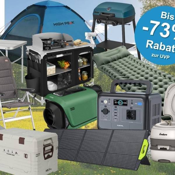 Produktcollage zum OTTO Camping-Sale mit blauem Rabatt-Button „Bis -73% zur UVP" und OTTO-Logo. Zu sehen sind verschiedene Camping-Produkte, darunter ein High Peak Kuppelzelt, ein faltbarer Campingstuhl, ein Klapptisch, eine mobile Campingküche, ein Gasgrill, eine selbstaufblasbare Isomatte, ein Feldbett, eine Camping-Klimaanlage, eine Powerstation von OUKITEL, ein faltbares Solarpanel, eine Kühlbox von NILS sowie eine portable Toilette von Enders – alles vor einem sommerlichen Waldwiesen-Hintergrund.