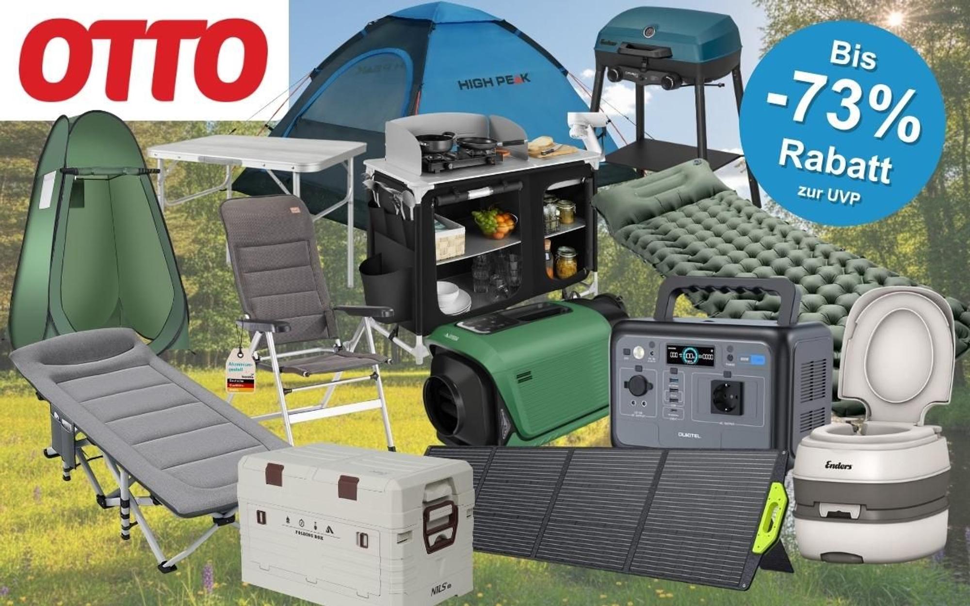 Produktcollage zum OTTO Camping-Sale mit blauem Rabatt-Button „Bis -73% zur UVP" und OTTO-Logo. Zu sehen sind verschiedene Camping-Produkte, darunter ein High Peak Kuppelzelt, ein faltbarer Campingstuhl, ein Klapptisch, eine mobile Campingküche, ein Gasgrill, eine selbstaufblasbare Isomatte, ein Feldbett, eine Camping-Klimaanlage, eine Powerstation von OUKITEL, ein faltbares Solarpanel, eine Kühlbox von NILS sowie eine portable Toilette von Enders – alles vor einem sommerlichen Waldwiesen-Hintergrund.