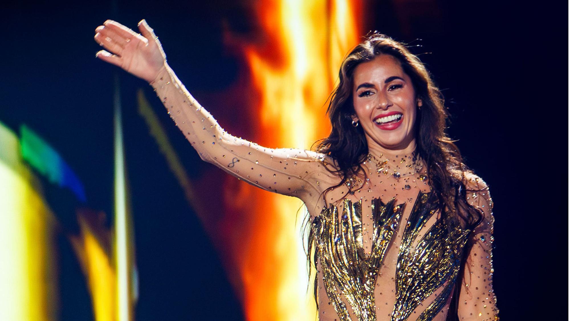 Sarah Engels aus Deutschland mit dem Titel „Fire“ steht auf der Bühne des 70. Eurovision Song Contest (ESC) bei den Proben.