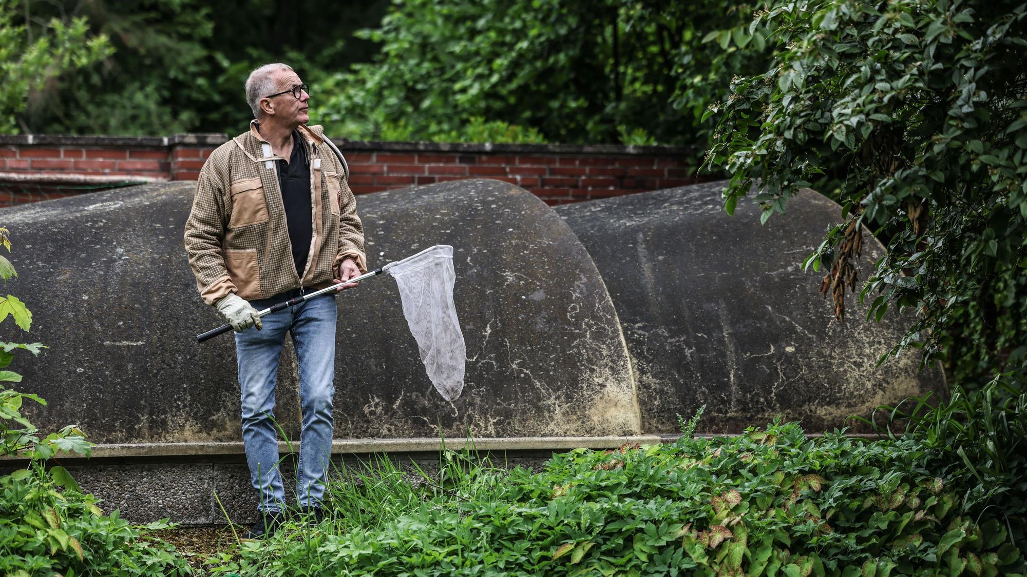 Ralf Atzorn, Vorsitzender des Kölner Imkerverbands, steht mit einem Kescher in einem Garten.