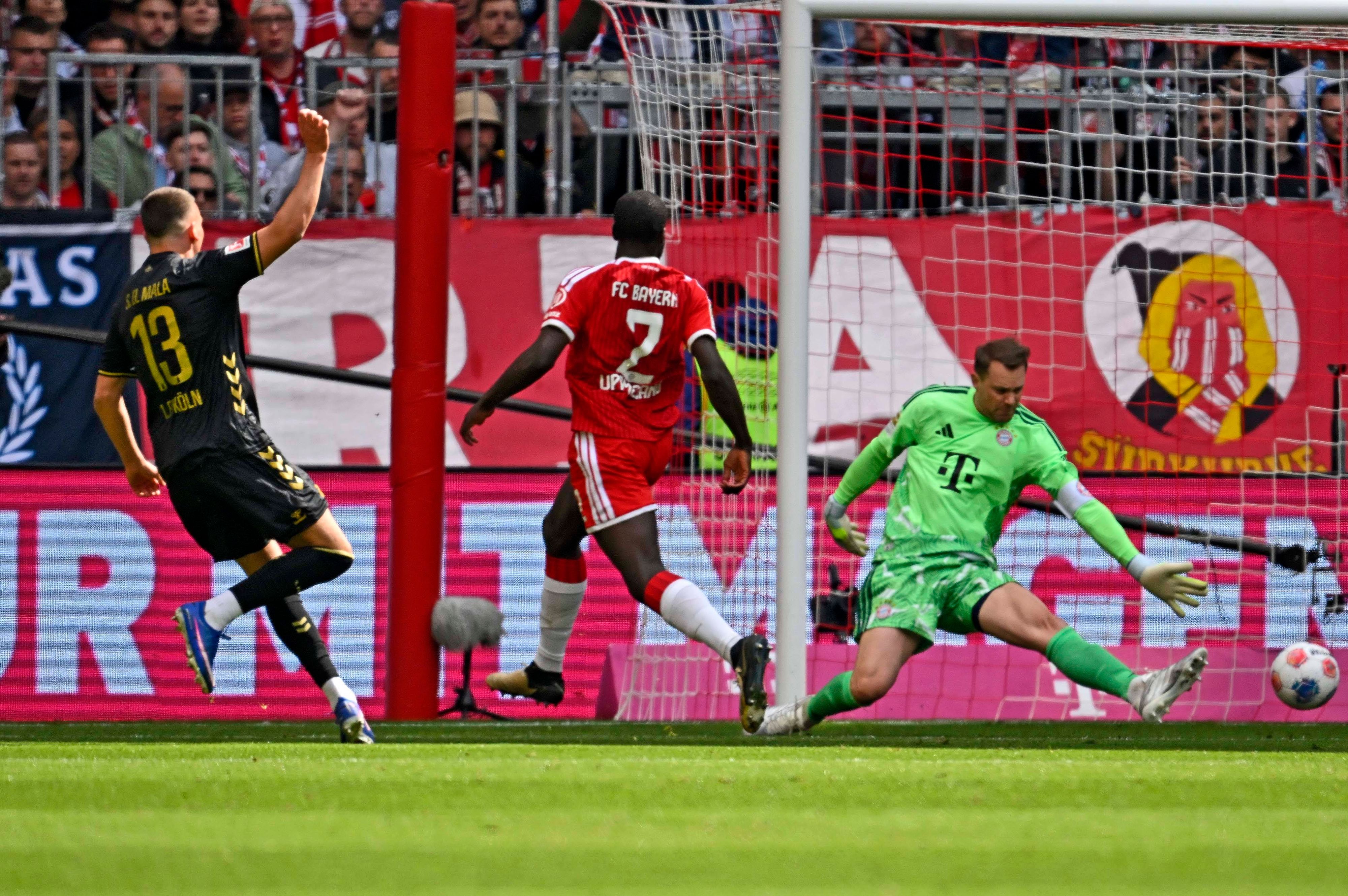 16.05.2026, Fussball Bundesliga 2025/2026, 34.Spieltag, FC Bayern München - 1.FC Köln, in der Allianz-Arena München, Said El Mala 1.FC Köln trifft zum 2:1 gegen Dayot Upamecano FC Bayern München und Torwart Manuel Neuer FC Bayern München ***DFL and DFB regulations prohibit any use of photographs as image sequences and/or quasi-video.*** *** 16 05 2026, Soccer Bundesliga 2025 2026, Matchday 34, FC Bayern Munich 1 FC Cologne, in the Allianz Arena Munich, Said El Mala 1 FC Cologne scores to 2 1 against Dayot Upamecano FC Bayern Munich and goalkeeper Manuel Neuer FC Bayern Munich DFL and DFB regulations prohibit any use of photographs as image sequences and or quasi video