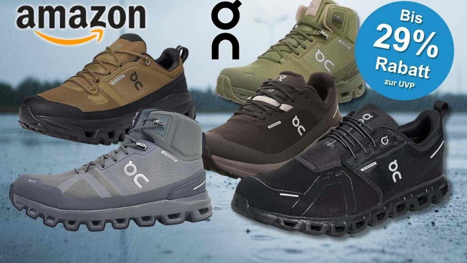 Collage von fünf wasserdichten On Running Sneakern und Outdoor-Schuhen in verschiedenen Farben (Braun-Schwarz, Grau, Oliv-Grün, Dunkelbraun, Schwarz) vor einem regnerischen, nassen Hintergrund mit Wassertropfen und Pfützen. Links oben das Amazon-Logo, in der Mitte das On-Running-Logo.