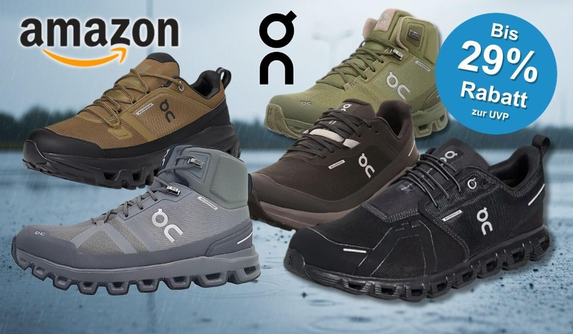 Collage von fünf wasserdichten On Running Sneakern und Outdoor-Schuhen in verschiedenen Farben (Braun-Schwarz, Grau, Oliv-Grün, Dunkelbraun, Schwarz) vor einem regnerischen, nassen Hintergrund mit Wassertropfen und Pfützen. Links oben das Amazon-Logo, in der Mitte das On-Running-Logo.