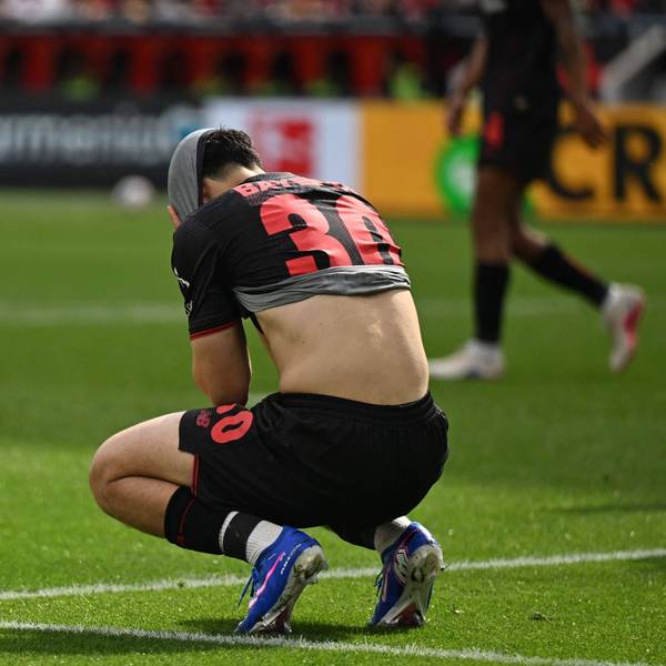 Bayer Leverkusen's Algerian midfielder #30 Ibrahim Maza reacts during the German first division Bundesliga football match between Bayer Leverkusen and Hamburger SV (HSV) in Leverkusen, western Germany, on May 16, 2026. (Photo by INA FASSBENDER / AFP) / DFL REGULATIONS PROHIBIT ANY USE OF PHOTOGRAPHS AS IMAGE SEQUENCES AND/OR QUASI-VIDEO