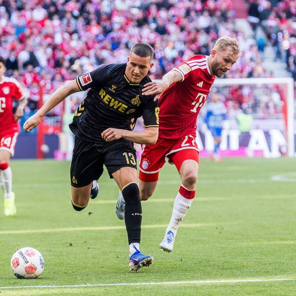 MUNICH, GERMANY - MAY 16: Said El Mala 1. FC Koeln, 13 controls the ball against Konrad Laimer FC Bayern Muenchen, 27 during the Bundesliga match between FC Bayern Muenchen vs. 1. FC Koeln at Allianz Arena on matchday 34 of the 1. Bundesliga on May 16, 2026 in Munich, Germany. DFL REGULATIONS PROHIBIT ANY USE OF PHOTOGRAPHS AS IMAGE SEQUENCES AND/OR QUASI-VIDEO. Bavaria Germany Copyright: xSteffiexWunderlx