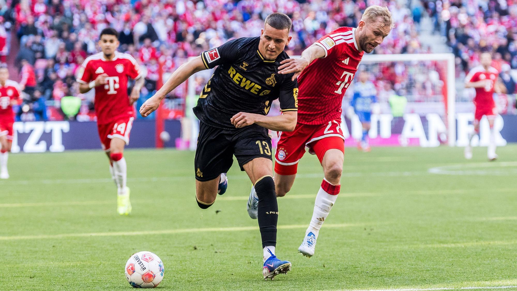 MUNICH, GERMANY - MAY 16: Said El Mala 1. FC Koeln, 13 controls the ball against Konrad Laimer FC Bayern Muenchen, 27 during the Bundesliga match between FC Bayern Muenchen vs. 1. FC Koeln at Allianz Arena on matchday 34 of the 1. Bundesliga on May 16, 2026 in Munich, Germany. DFL REGULATIONS PROHIBIT ANY USE OF PHOTOGRAPHS AS IMAGE SEQUENCES AND/OR QUASI-VIDEO. Bavaria Germany Copyright: xSteffiexWunderlx