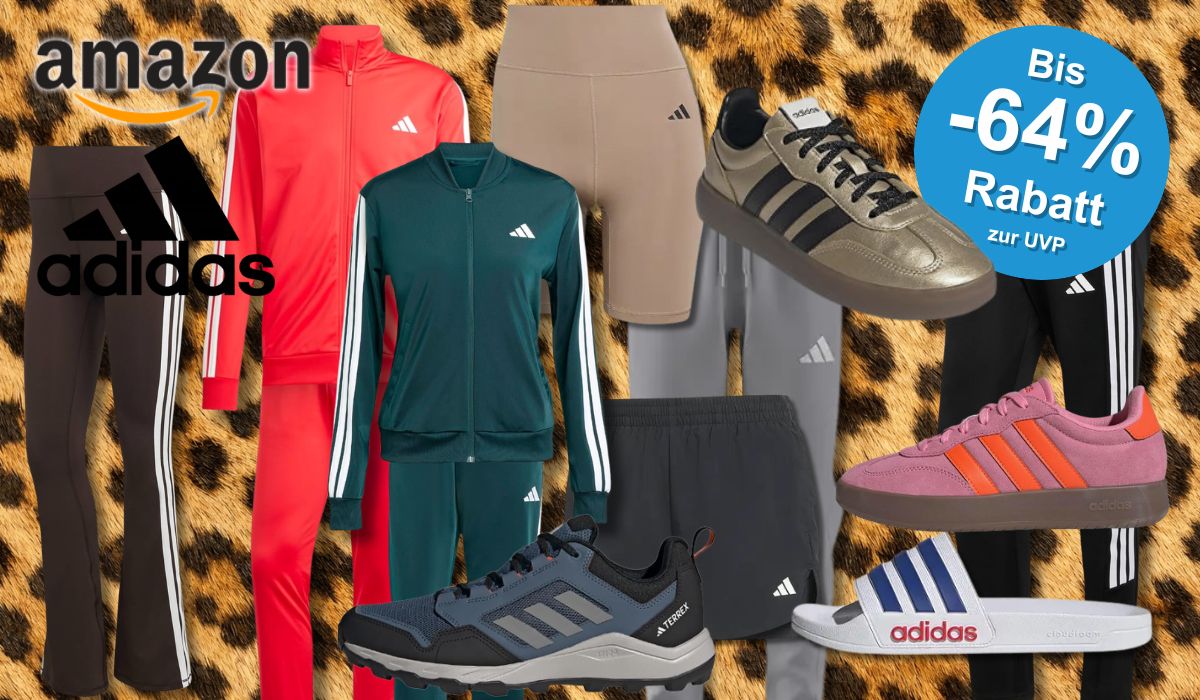 Kleidung von adidas auf einem Animal Print Hintergrund abgebildet.