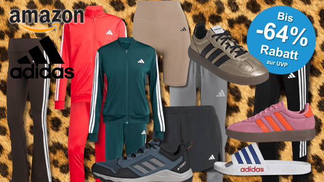 Kleidung von adidas auf einem Animal Print Hintergrund abgebildet.