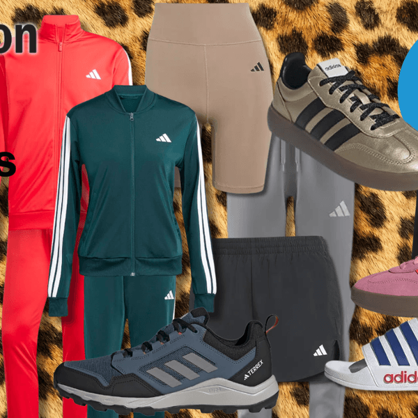 Kleidung von adidas auf einem Animal Print Hintergrund abgebildet.