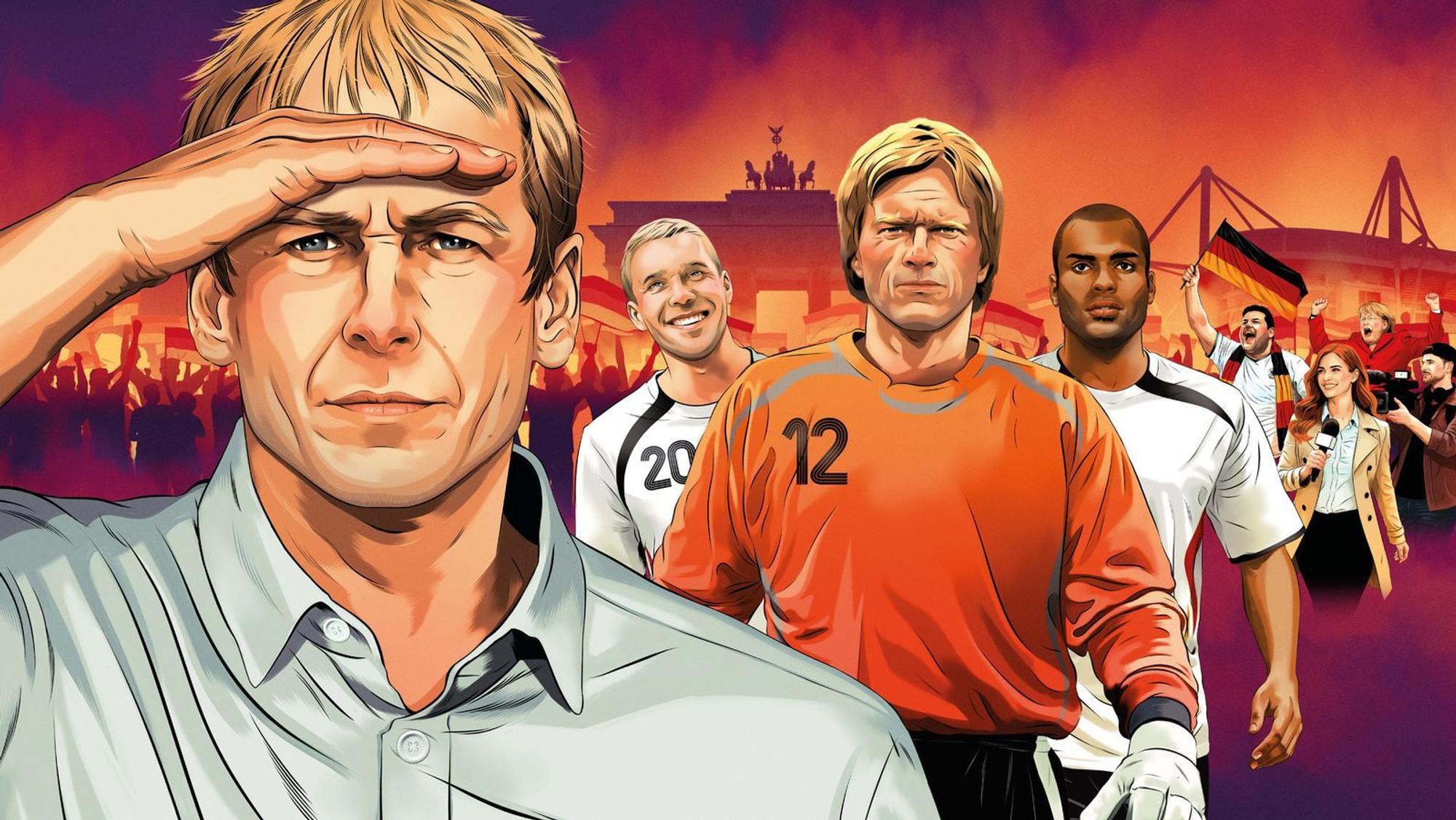 Die dreiteilige Doku „Mission Sommermärchen“ blickt auf die Fußball-WM 2006 in Deutschland zurück. Sie tut dies auf ungewöhnliche Weise mit Fokus auf Narrative, die weit über das rein Sportliche hinausgehen. (Bild: ZDF und Alexander Wells represented by Folio Illustration Agency)