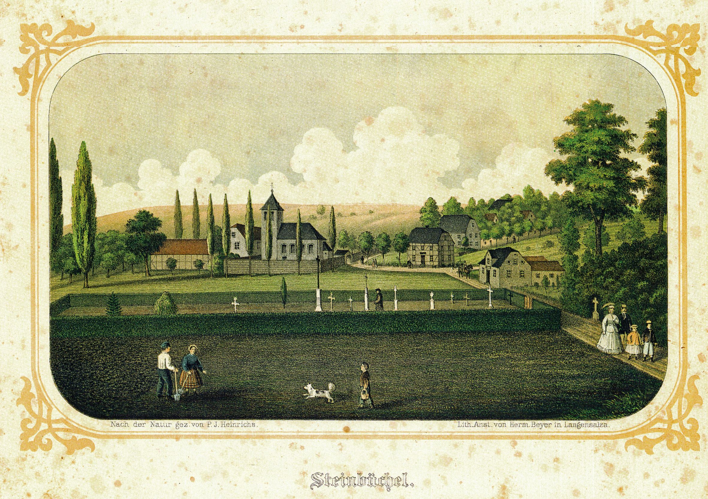 Das Rittergut Steinbüchel mit dem damals noch ziemlich neuen Friedhof auf einer Lithografie aus der Mitte des 19. Jahrhunderts