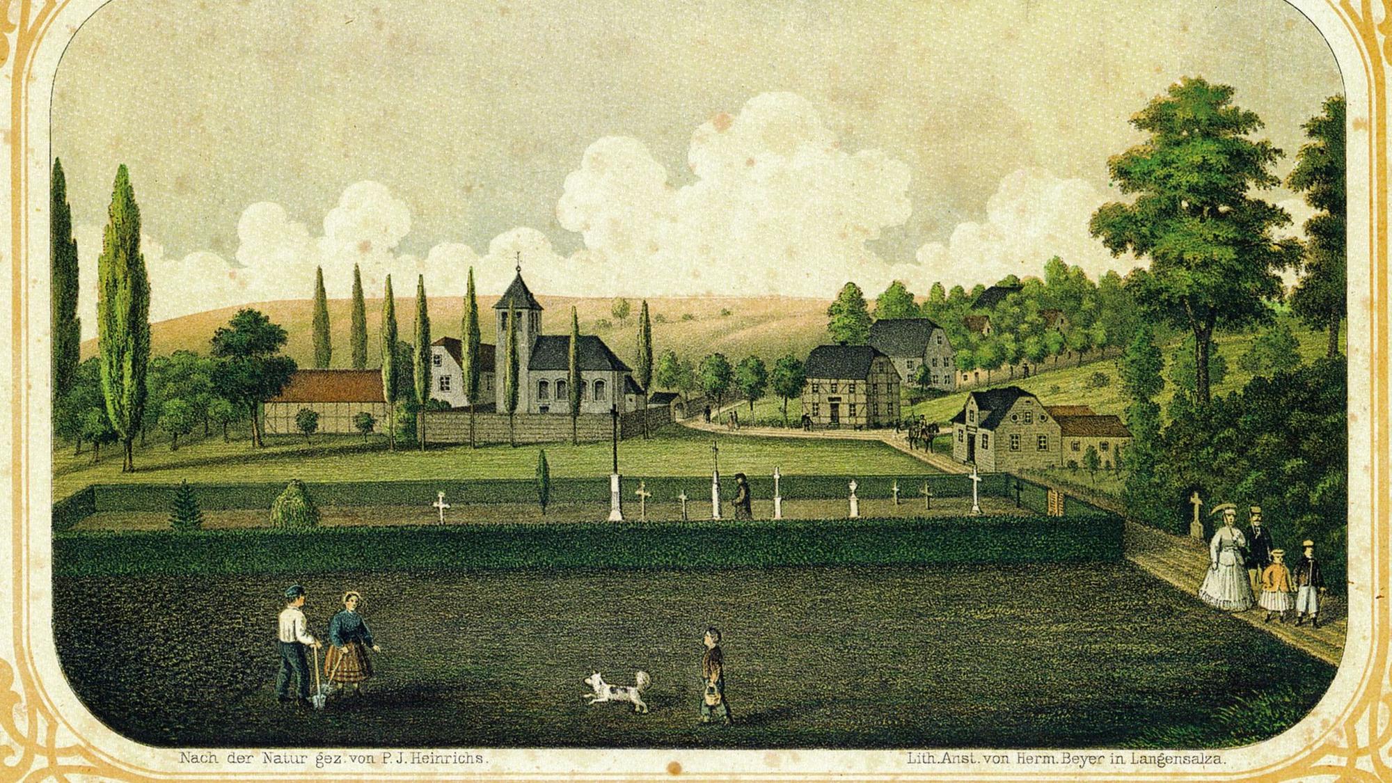 Das Rittergut Steinbüchel mit dem damals noch ziemlich neuen Friedhof auf einer Lithografie aus der Mitte des 19. Jahrhunderts