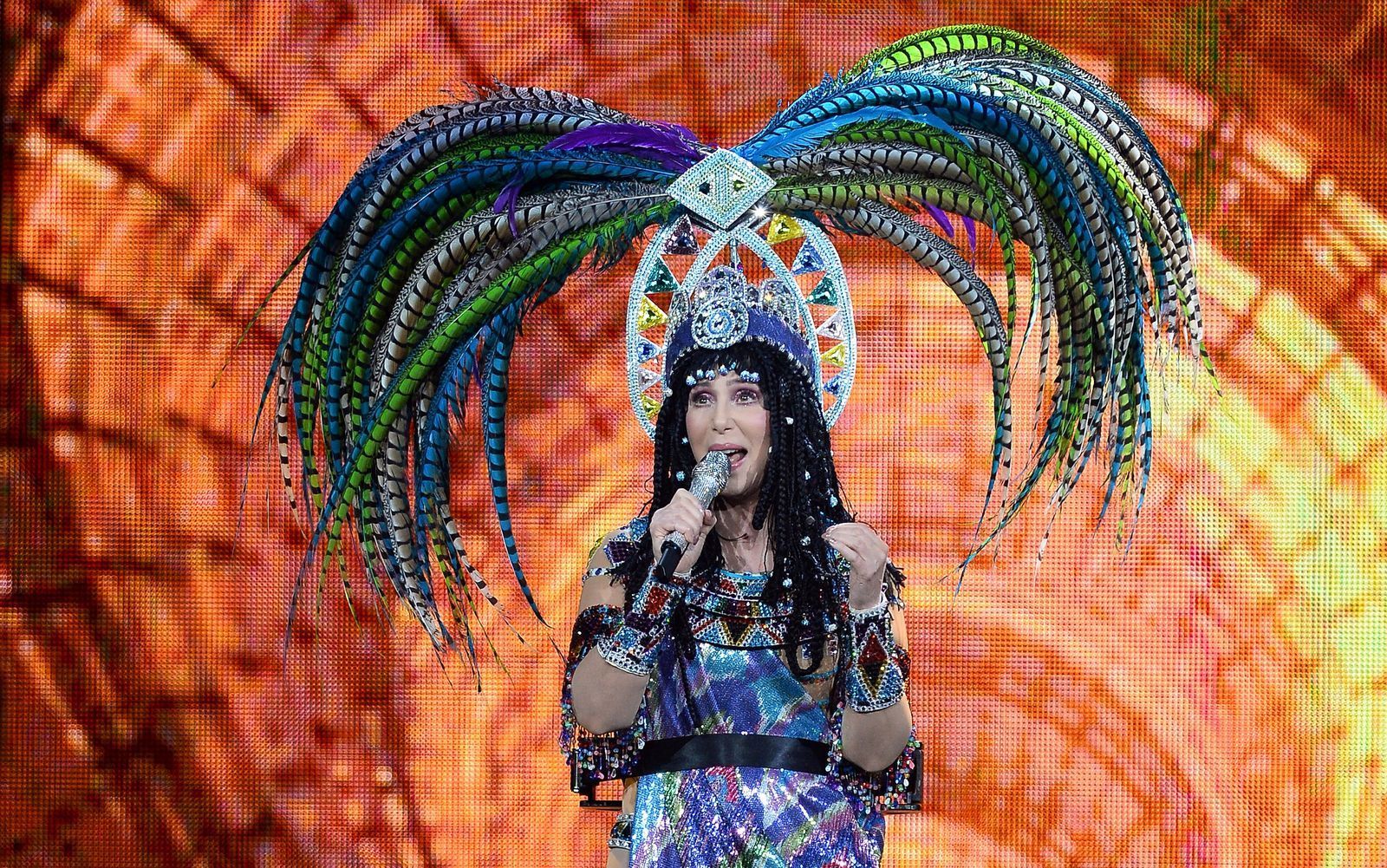 Da kann der schönste Pfau neidisch werden: Mit ihren extravaganten Outfits übertraf sich Cher immer wieder selbst - wie etwa hier im Jahr 2014.   (Bild: Ethan Miller/Getty Images)