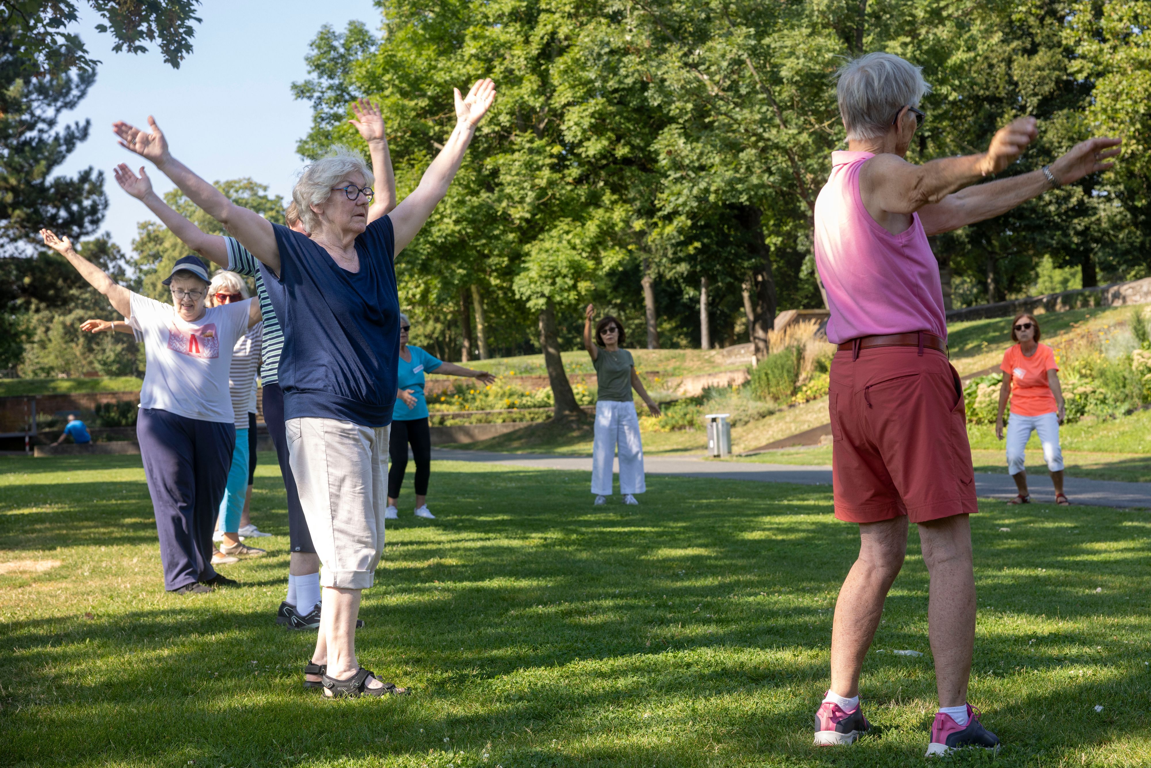 Seniorinnen machen Gymnastik im Park.