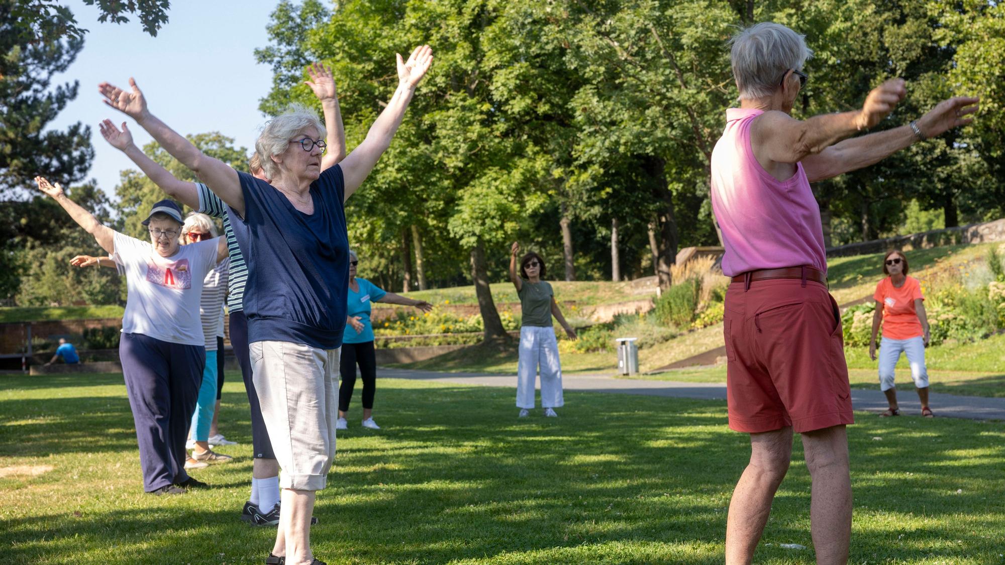 Seniorinnen machen Gymnastik im Park.