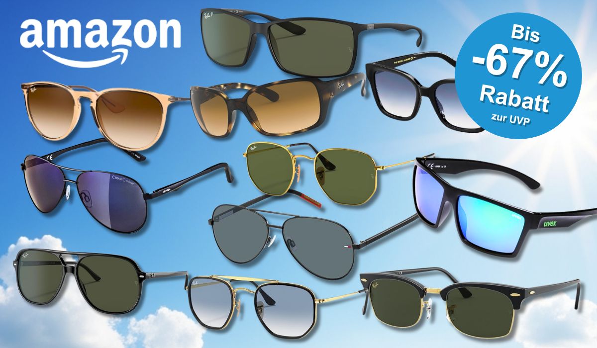 Sonnenbrillen von verschiedenen Marken wie Ray-Ban, UVEX, Oakley, Tommy Hilfiger, Carrera u.v.m. vor einem sonnigen Hintergrund.