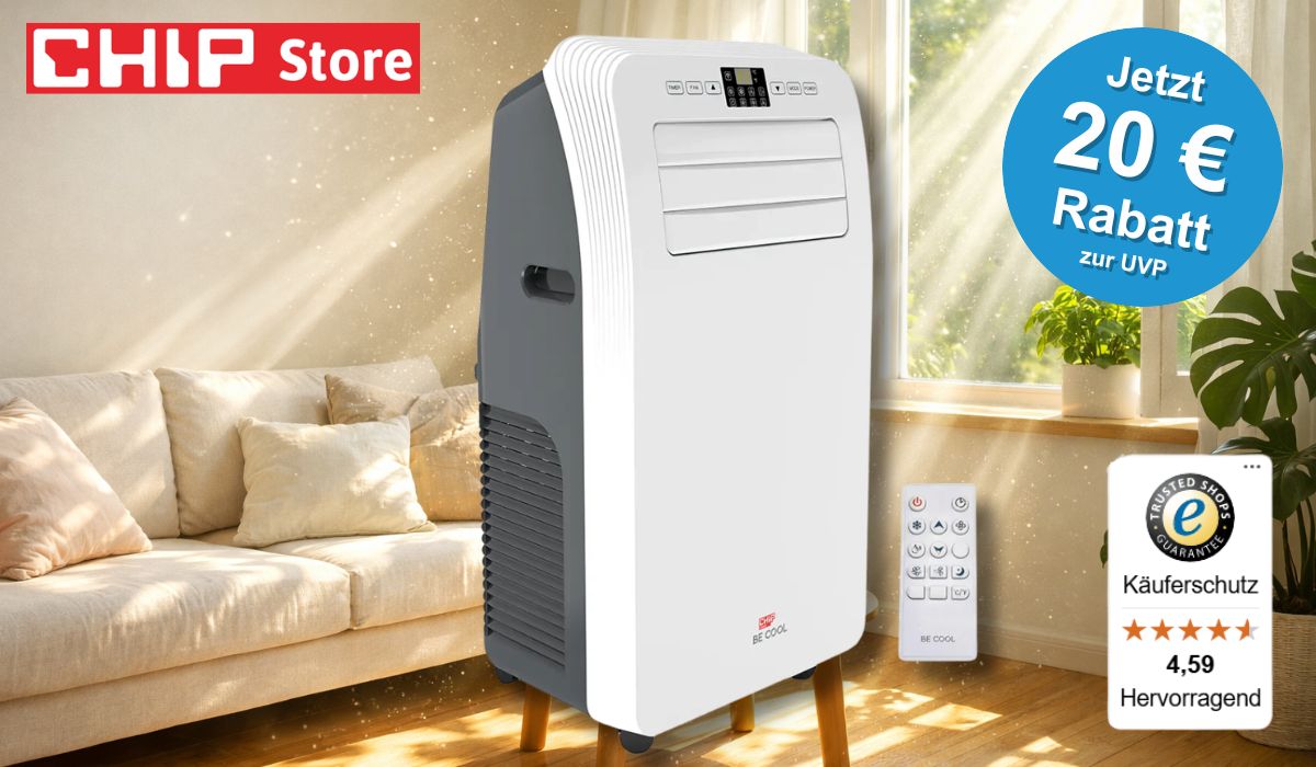 Die CHIP x BE COOL Klimaanlage in einem Wohnzimmer abgebildet.